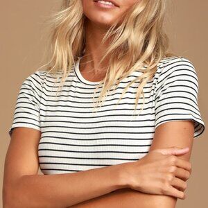 Lulus Basics Kinship Black And White Striped Ribbed Bodysuit - Size M